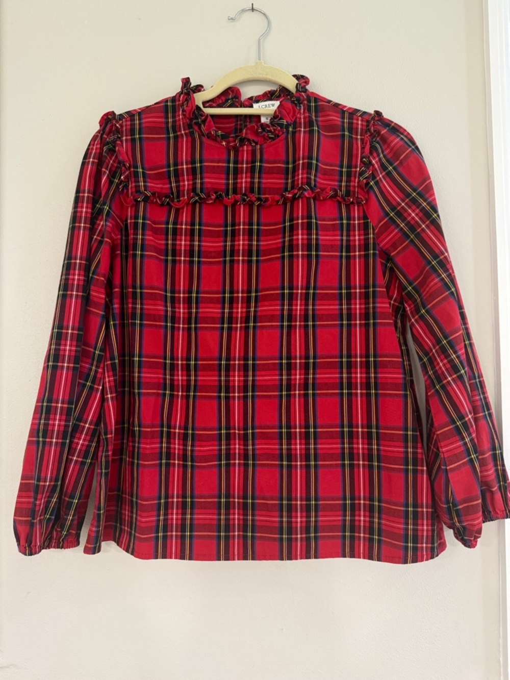 J. Crew Red Plaid Ruffle Yoke Long-Sleeve Tee
